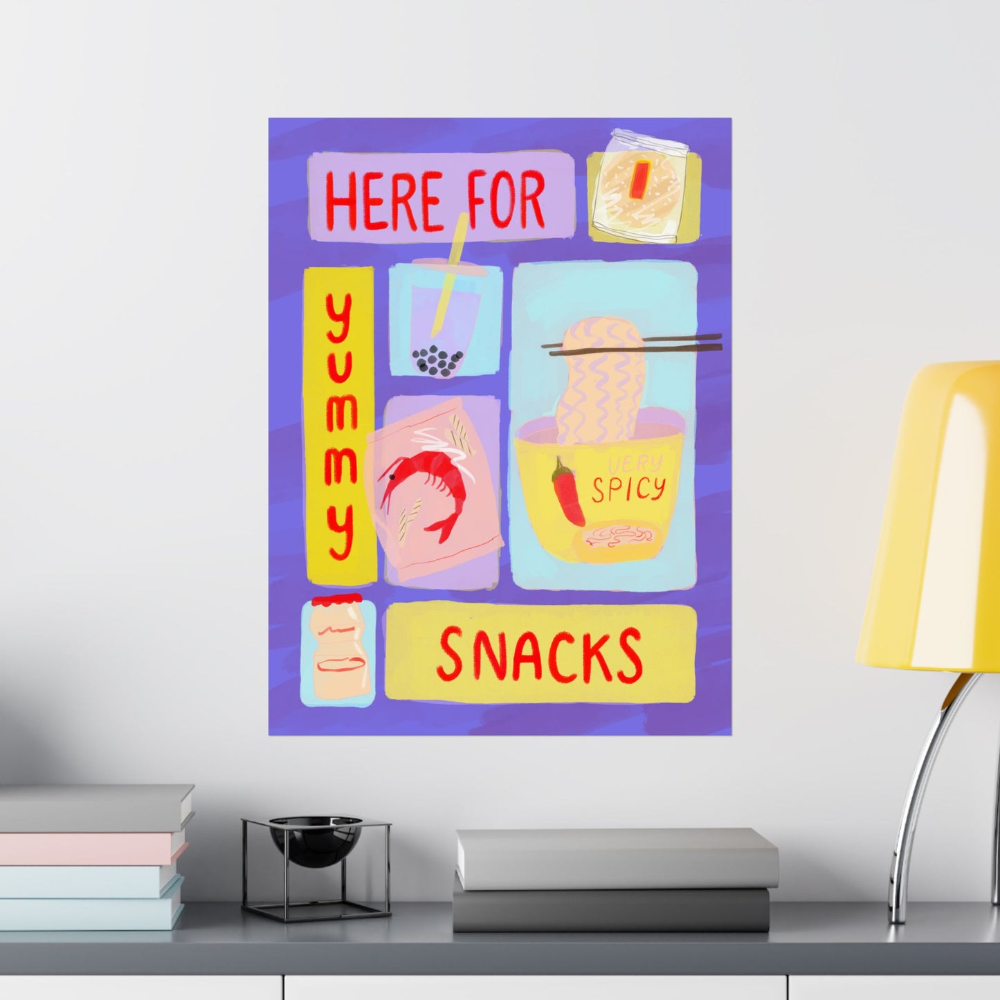 Here For Snacks Poster — Cute Food Art Matte Vertical Print (Bright Color Version)
