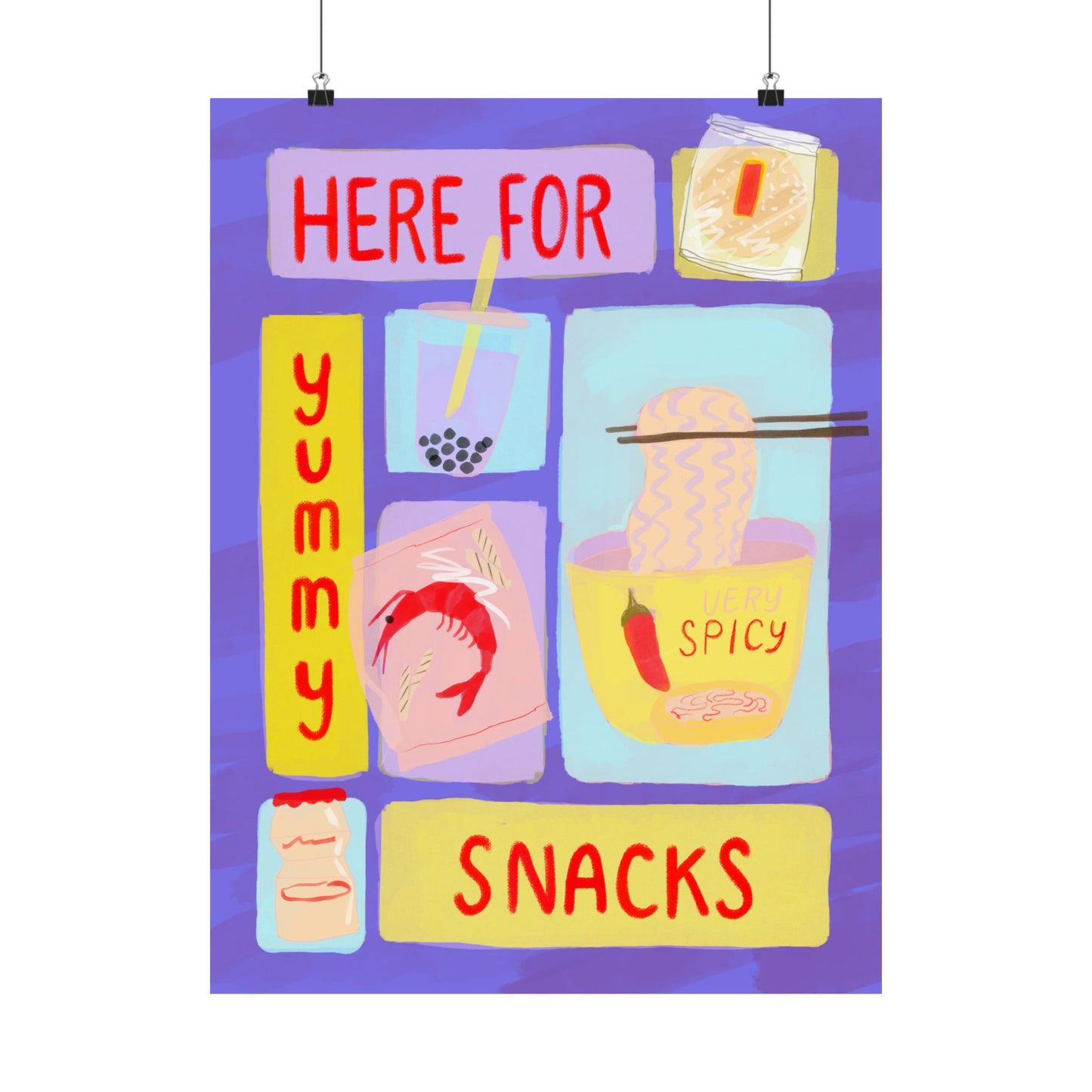 Here For Snacks Poster — Cute Food Art Matte Vertical Print (Bright Color Version)