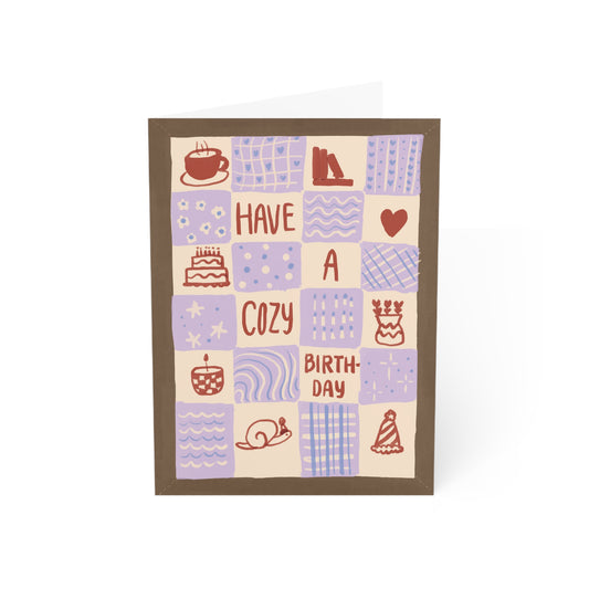 Cozy Birthday Greeting Card – 'Have a Cozy Birthday' Patchwork Quilt Design