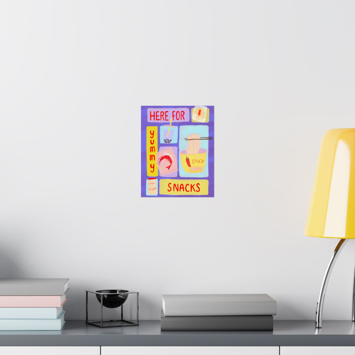 Here For Snacks Poster — Cute Food Art Matte Vertical Print (Bright Color Version)