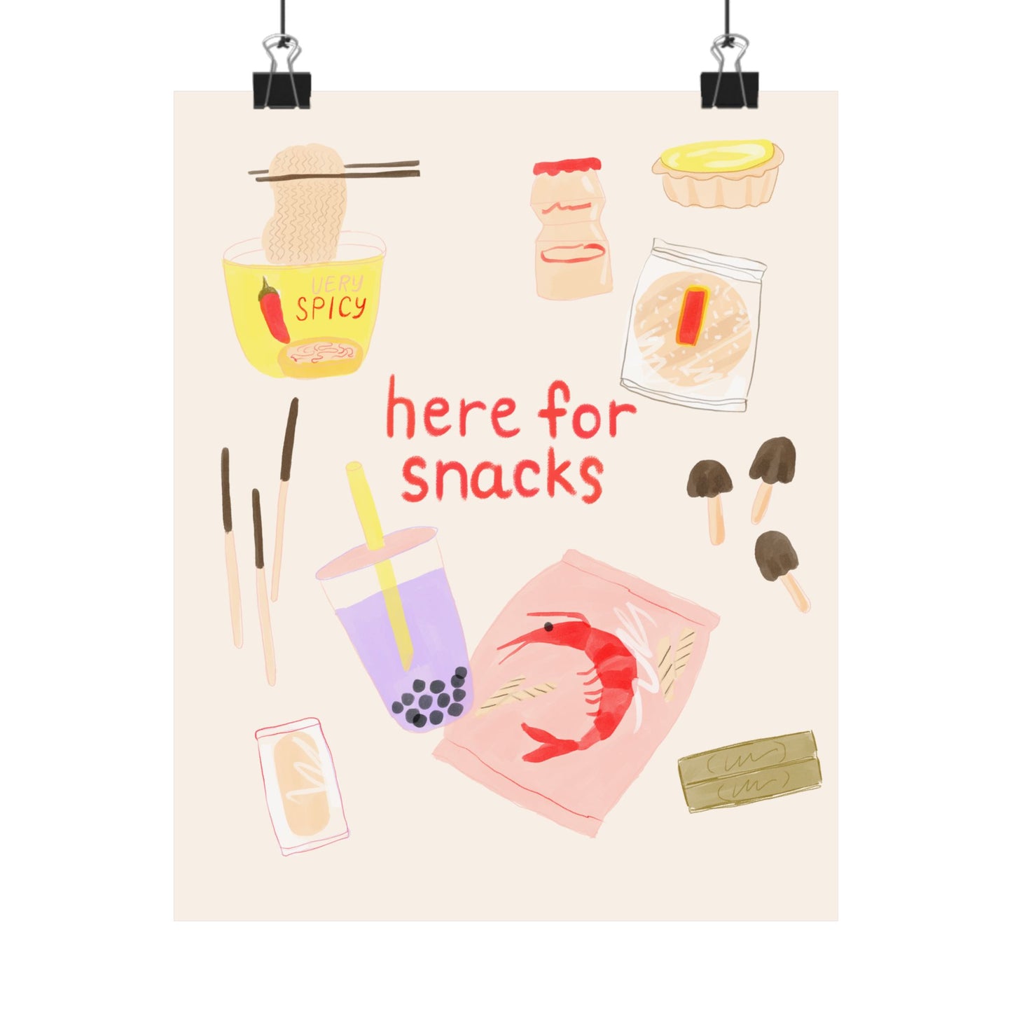 Asian Snack Illustration Poster — "Here for Snacks" Matte Vertical Art Print