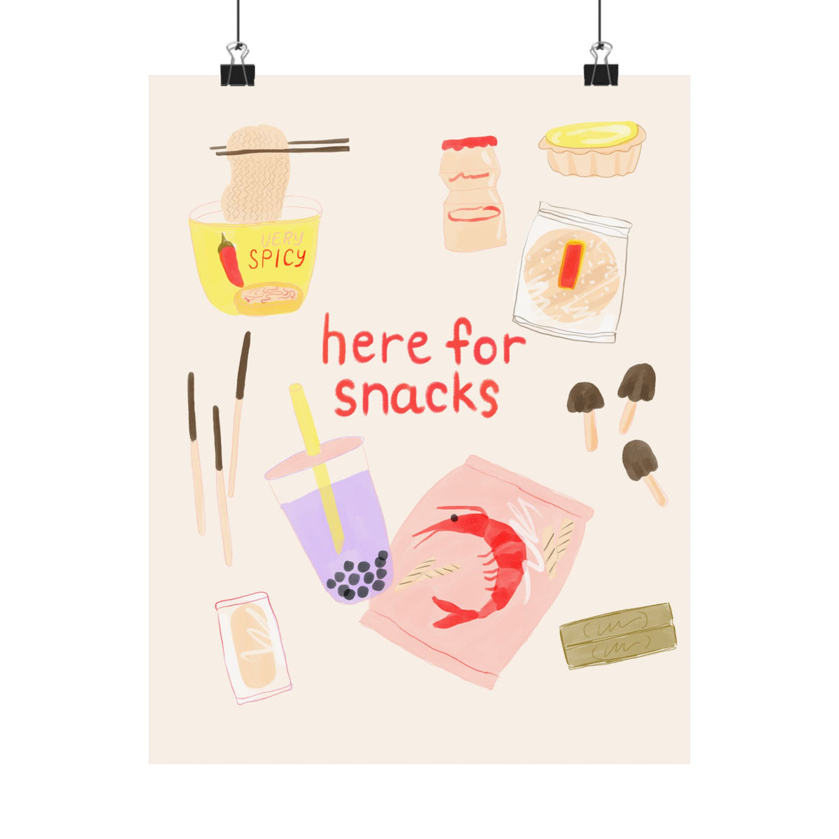 Asian Snack Illustration Poster — "Here for Snacks" Matte Vertical Art Print
