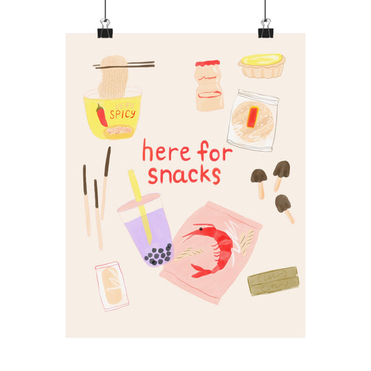 Asian Snack Illustration Poster — "Here for Snacks" Matte Vertical Art Print
