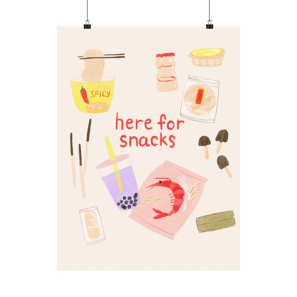 Asian Snack Illustration Poster — "Here for Snacks" Matte Vertical Art Print