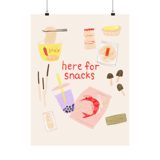 Asian Snack Illustration Poster — "Here for Snacks" Matte Vertical Art Print