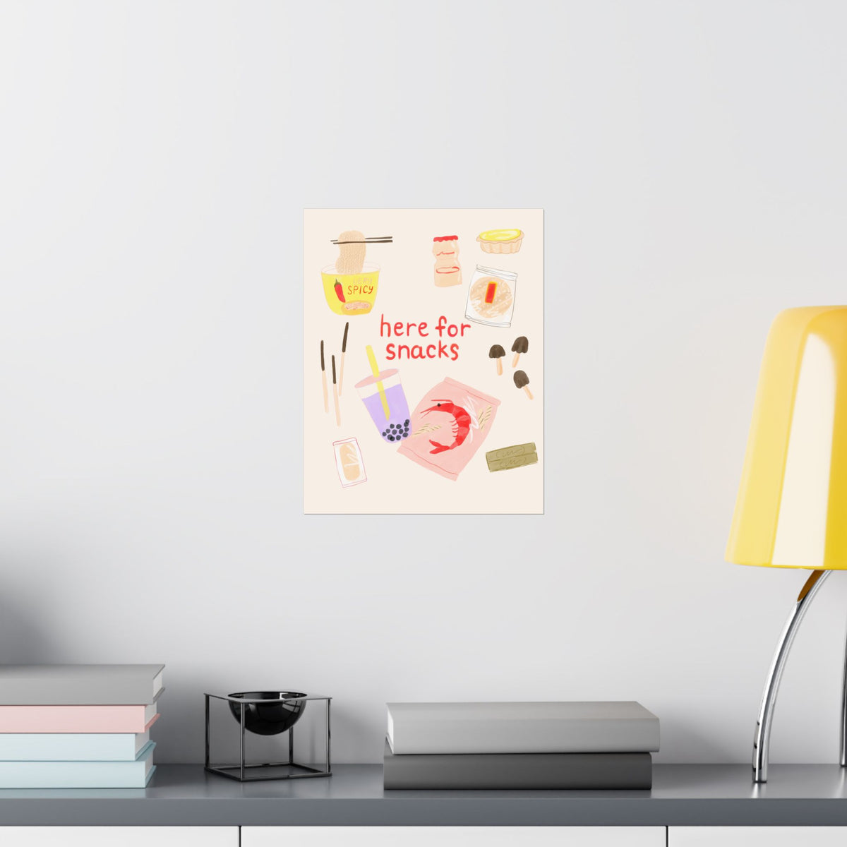 Asian Snack Illustration Poster — "Here for Snacks" Matte Vertical Art Print