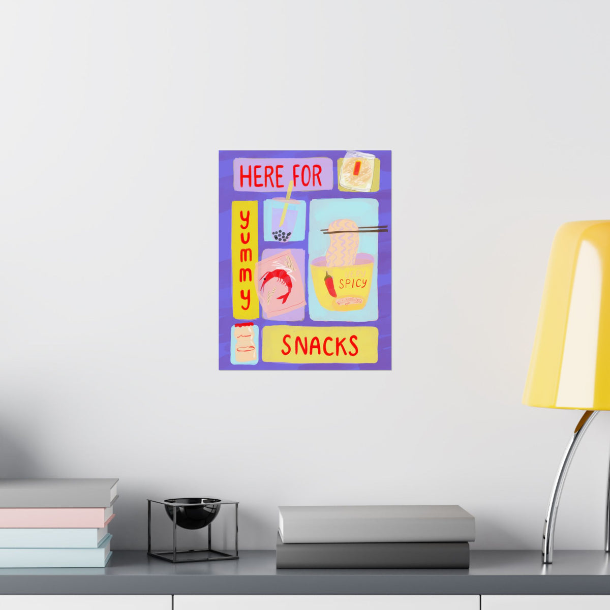 Here For Snacks Poster — Cute Food Art Matte Vertical Print (Bright Color Version)