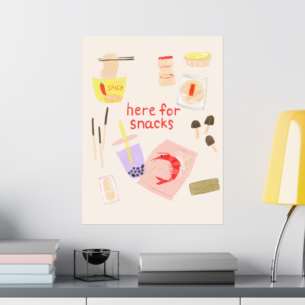 Asian Snack Illustration Poster — "Here for Snacks" Matte Vertical Art Print