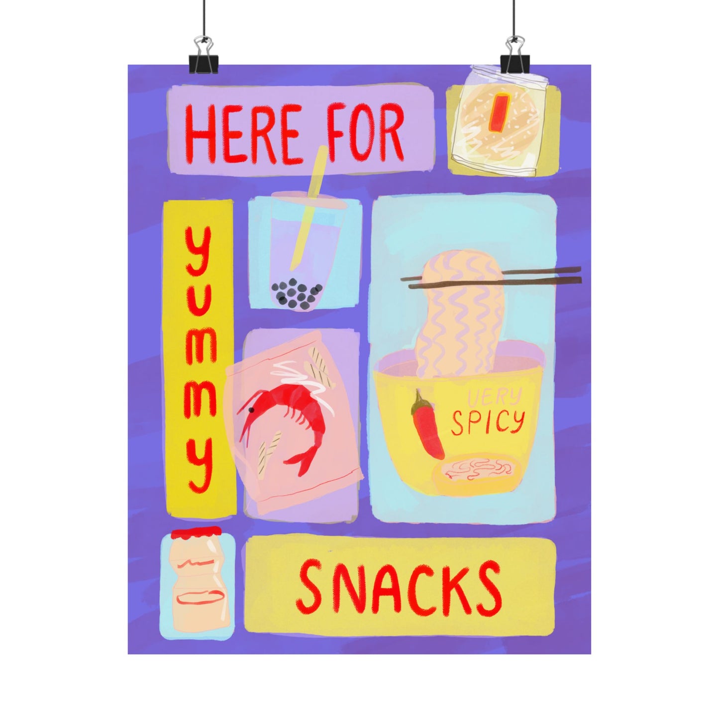 Here For Snacks Poster — Cute Food Art Matte Vertical Print (Bright Color Version)